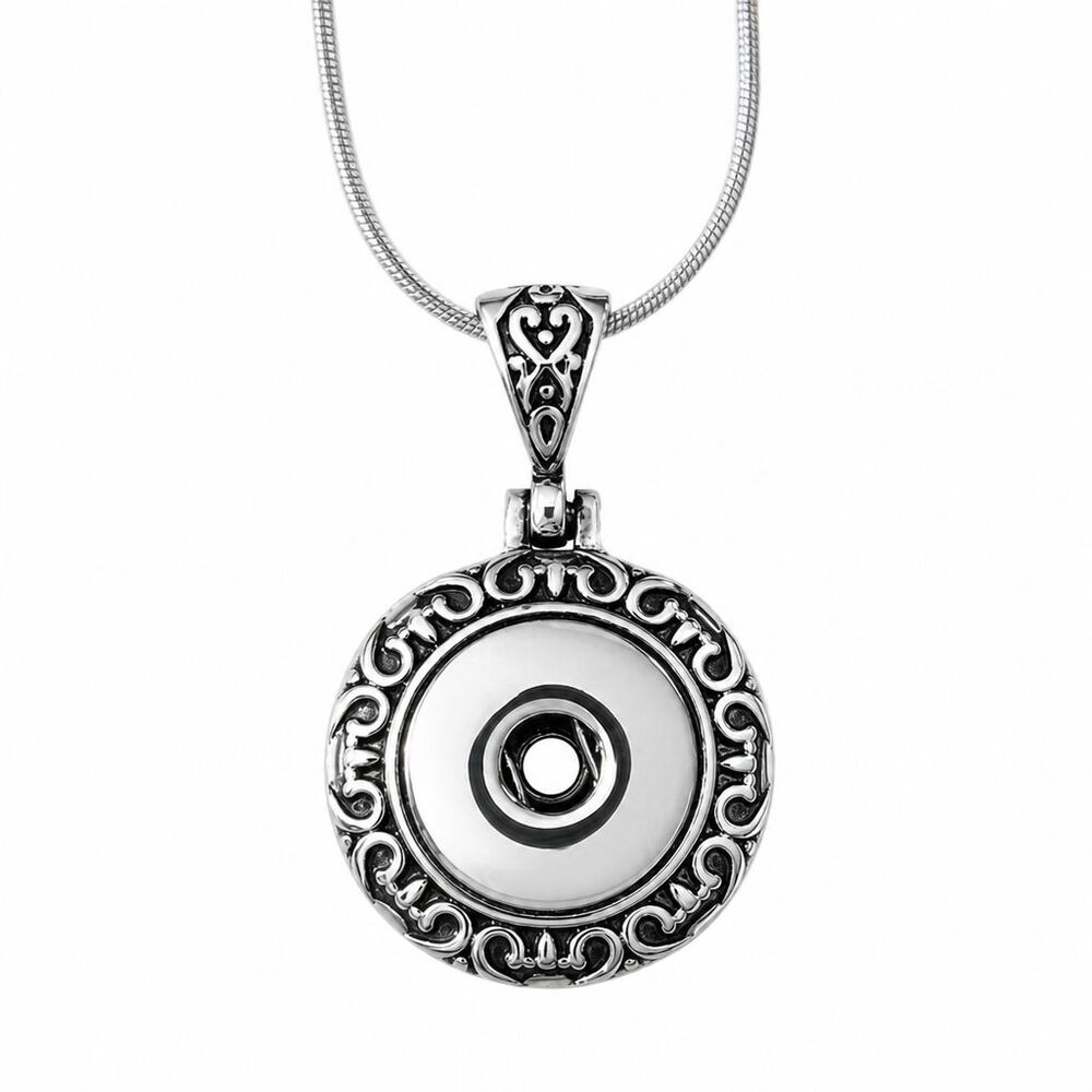 VTG Inspired Ornate Silver Tone Interchangeable Snap Base Round Pendant Necklace